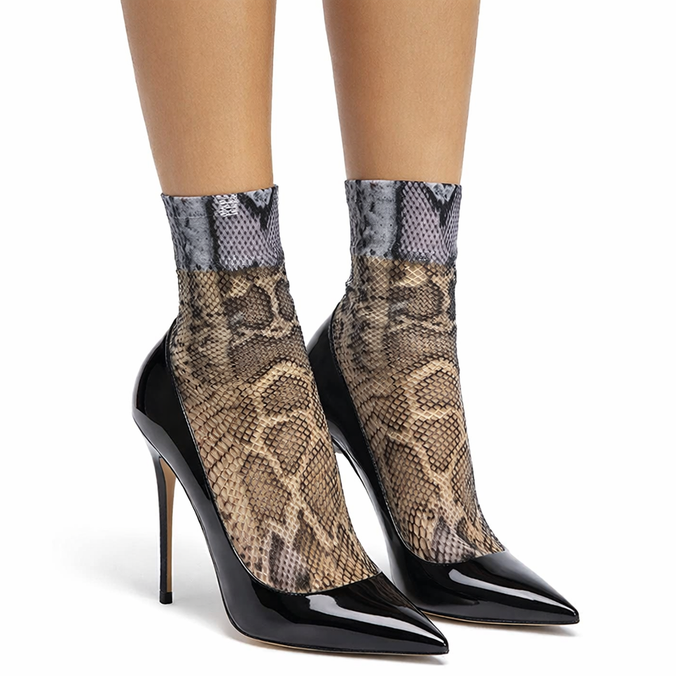 Pamela Mann Fishnet Snake Print Ankle Socks