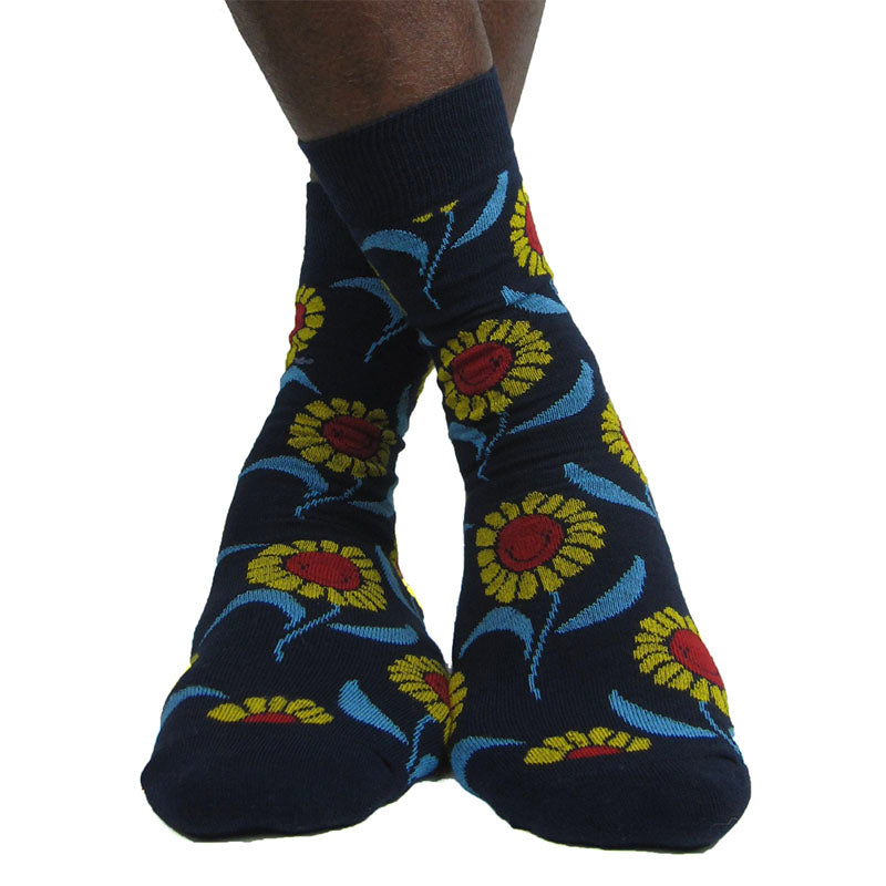 Luv Socks Men's Cotton Happy Sunflower Crew Socks