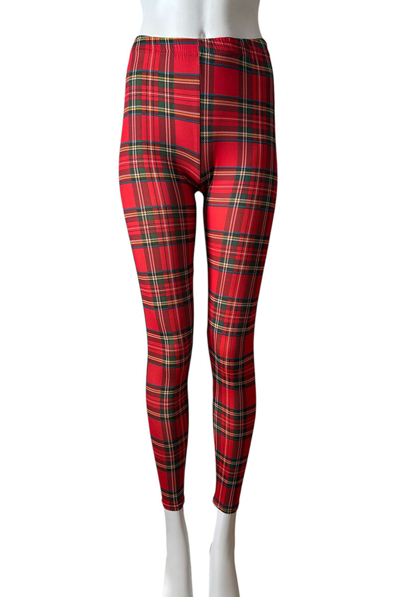 Red plaid leggings on a white mannequin against a white background