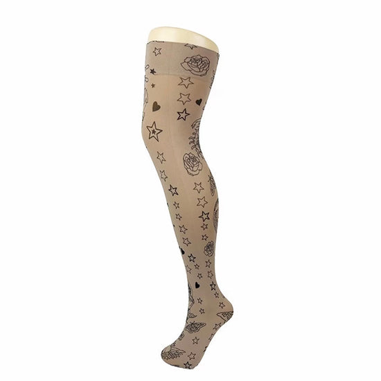 70 Denier Opaque Tattoo Print Over Knee Socks And Garter Set