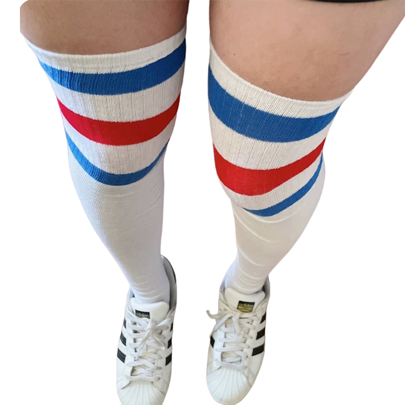 Cotton Blend Three Stripe Thigh High Socks