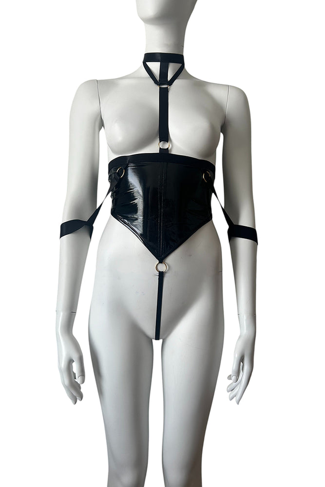 
                      
                        Vinyl Fetish Corset Style Playsuit With Wrist Cuffs & Choker
                      
                    