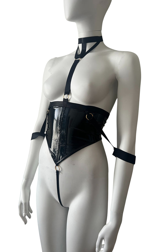 
                      
                        Vinyl Fetish Corset Style Playsuit With Wrist Cuffs & Choker
                      
                    