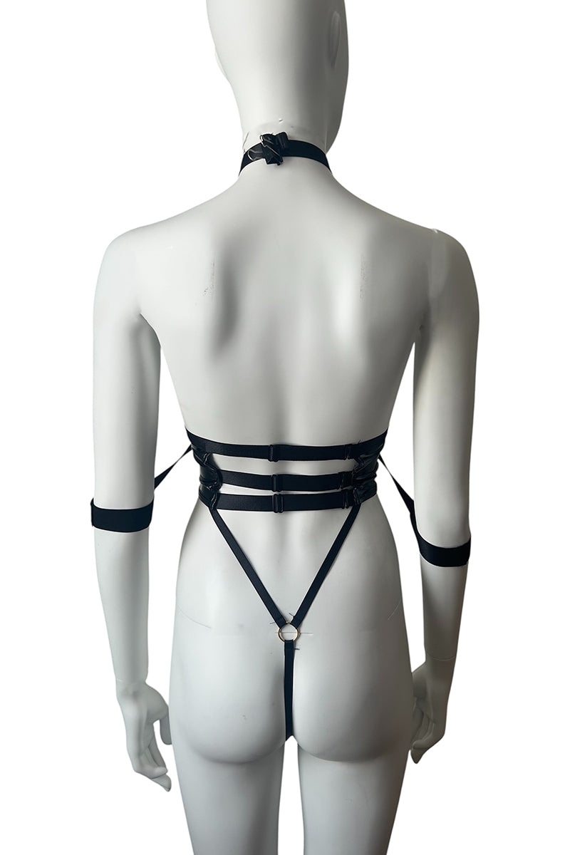 Vinyl Fetish Corset Style Playsuit With Wrist Cuffs & Choker