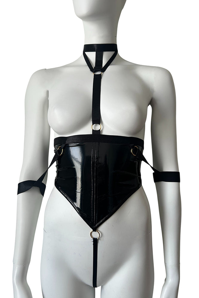 
                      
                        Vinyl Fetish Corset Style Playsuit With Wrist Cuffs & Choker
                      
                    