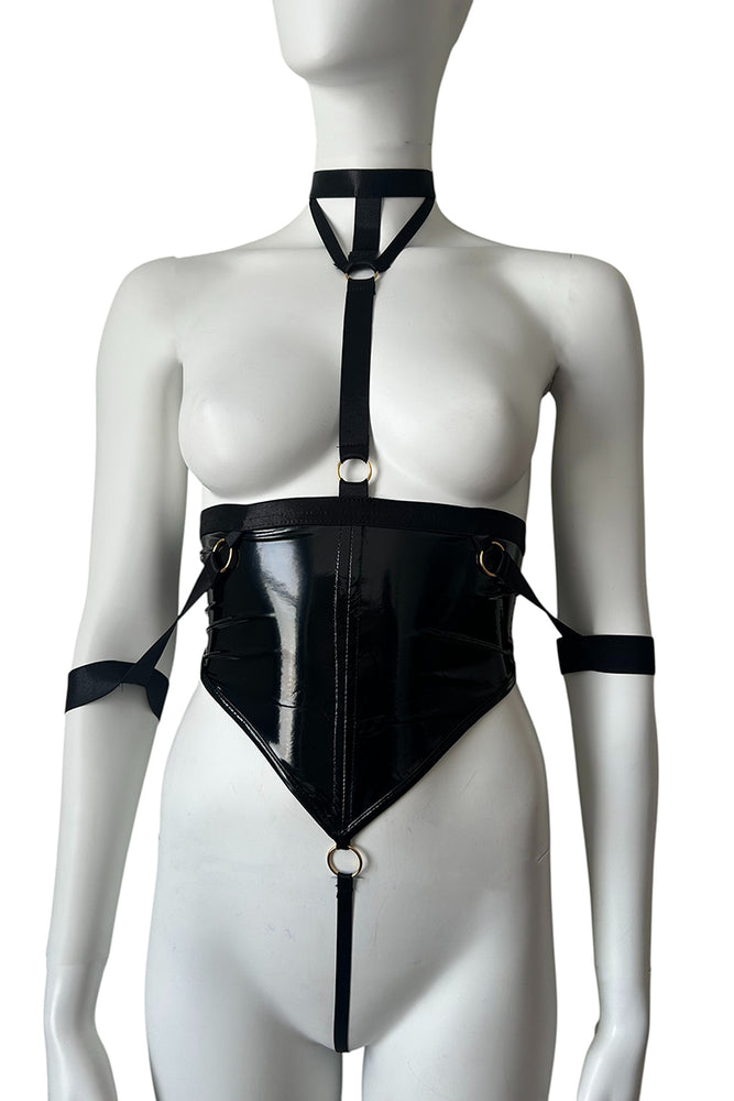
                      
                        Vinyl Fetish Corset Style Playsuit With Wrist Cuffs & Choker
                      
                    