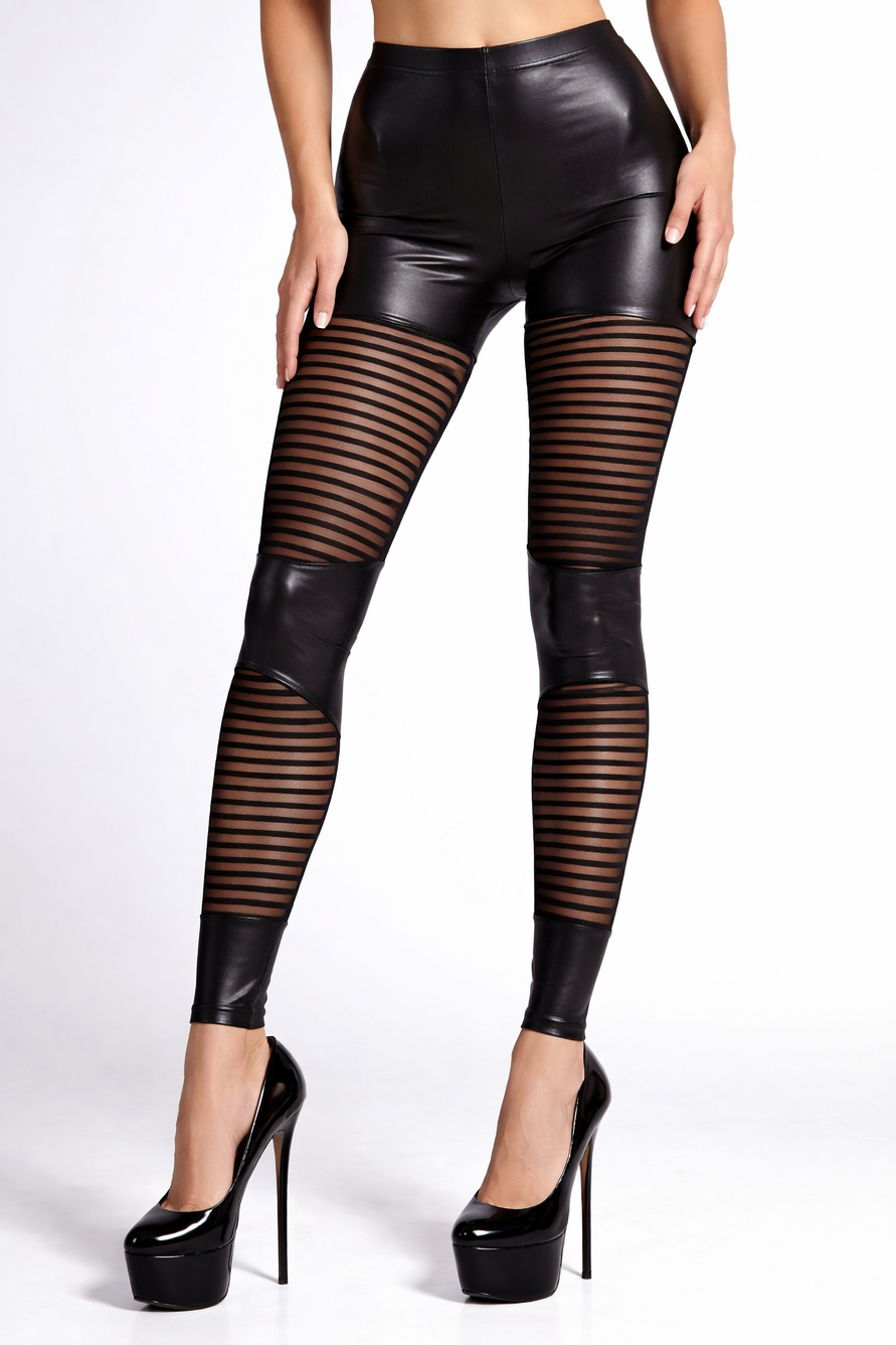 Wet Look Stripe Mesh Panel Leggings - LEGGSBEAUTIFUL