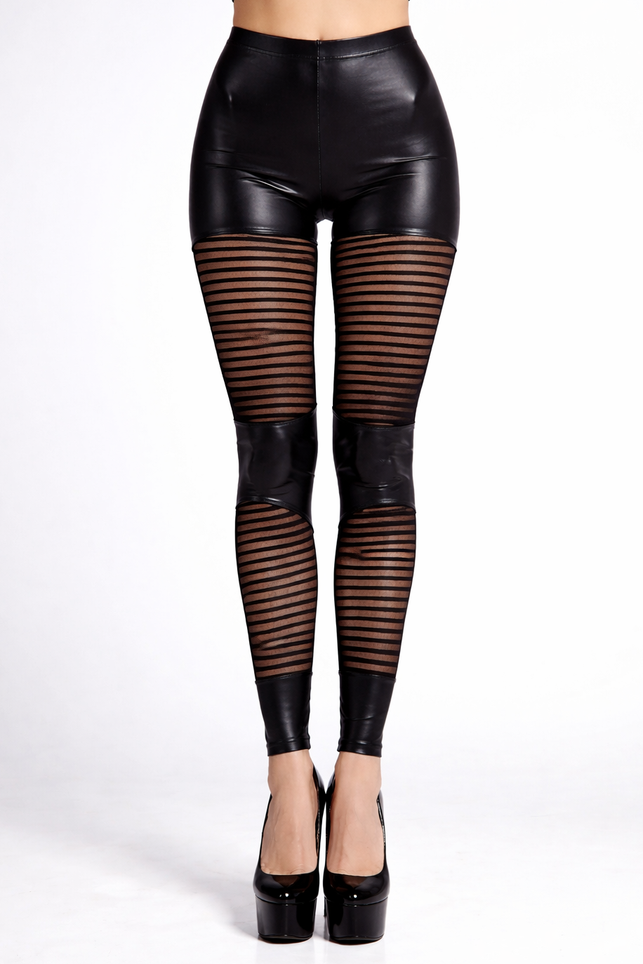 Wet Look Stripe Mesh Panel Leggings - LEGGSBEAUTIFUL