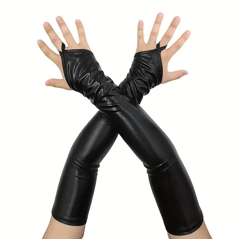 Long Fingerless Vinyl Gloves With Fingerloop
