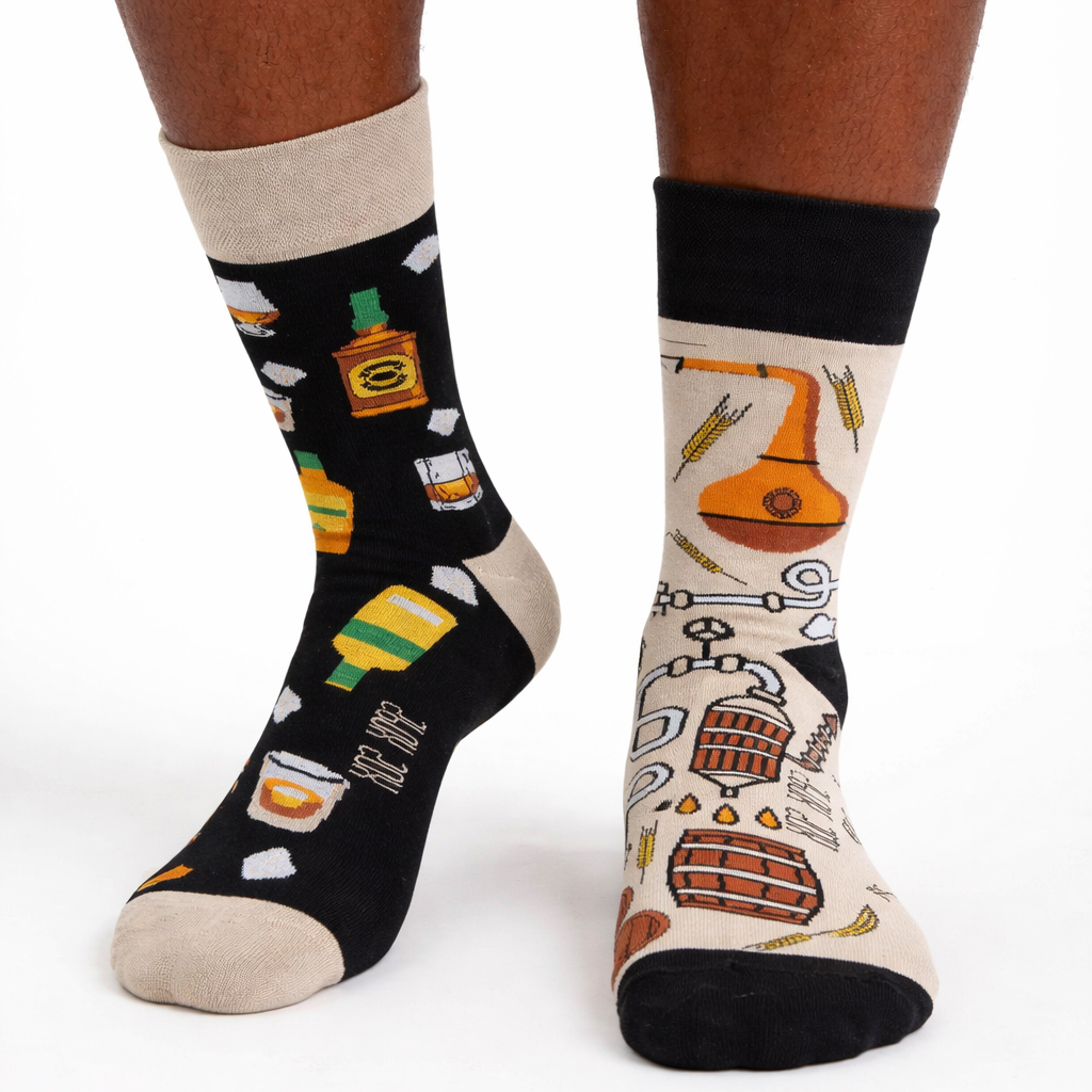 Person wearing socks with music-themed designs on a white background