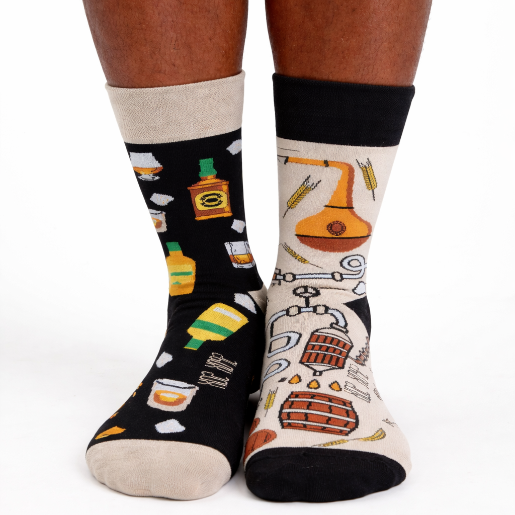 Two socks with unique designs on a white background