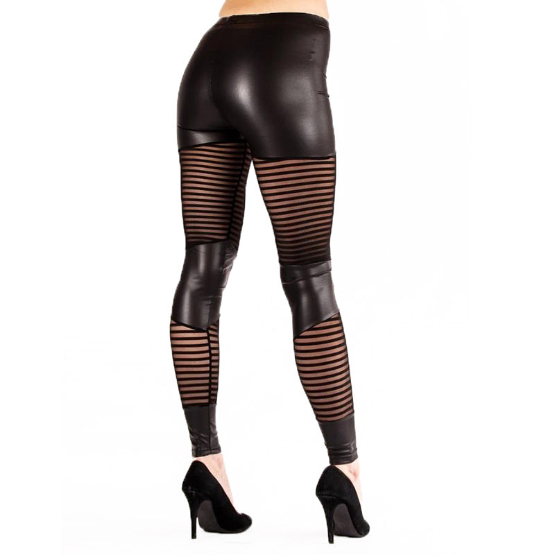 Wet Look Stripe Mesh Panel Leggings - Leggsbeautiful