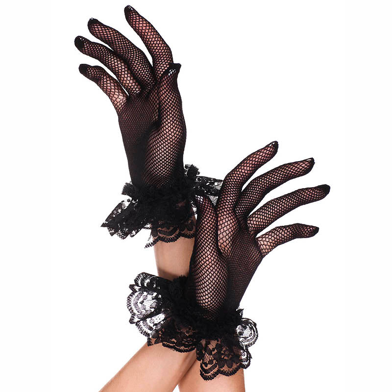 Music Legs Fishnet Wrist Gloves With Ruffle Trim