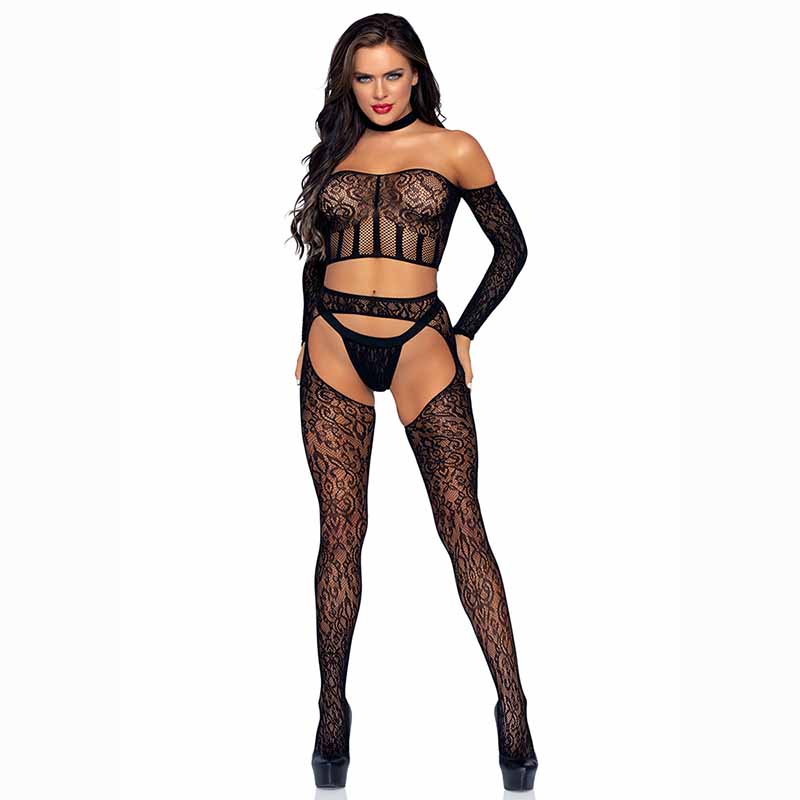 Load image into Gallery viewer, Leg Avenue 3PC Lace Top, Tights &amp;amp; Thong Set
