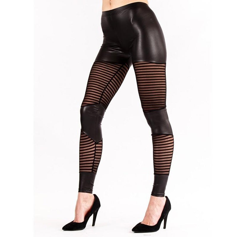 Wet Look Stripe Mesh Panel Leggings - Leggsbeautiful