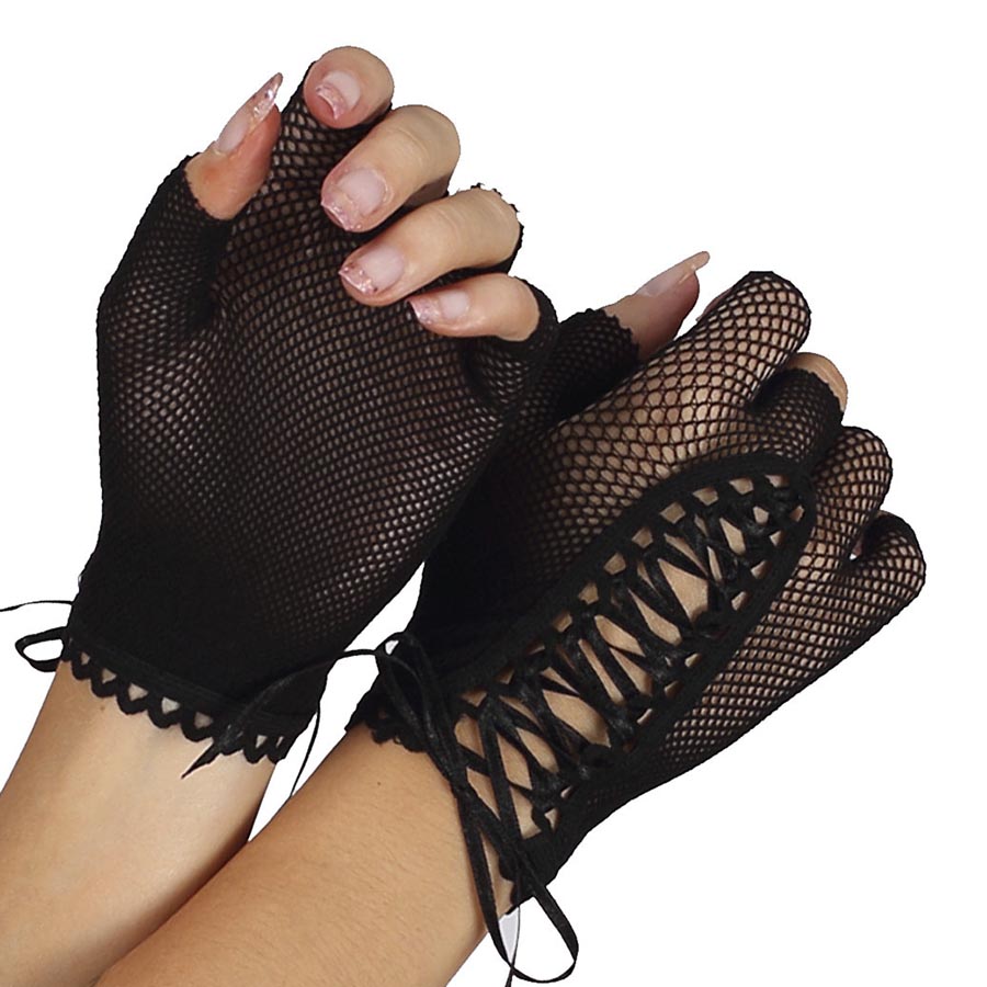 Black Fingerless Fishnet Gloves With Lace Up Detail-Leggsbeautiful