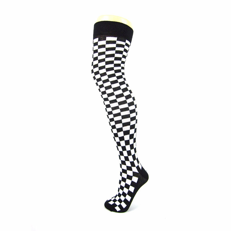 Cotton Blend Mono Check Pattern Over The Knee Socks - Leggsbeautiful