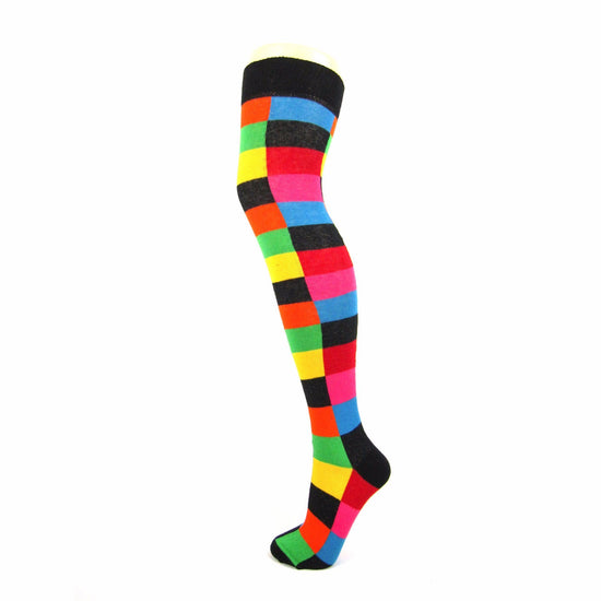 Cotton Blend Multi-Coloured Check Over The Knee Socks - Leggsbeautiful
