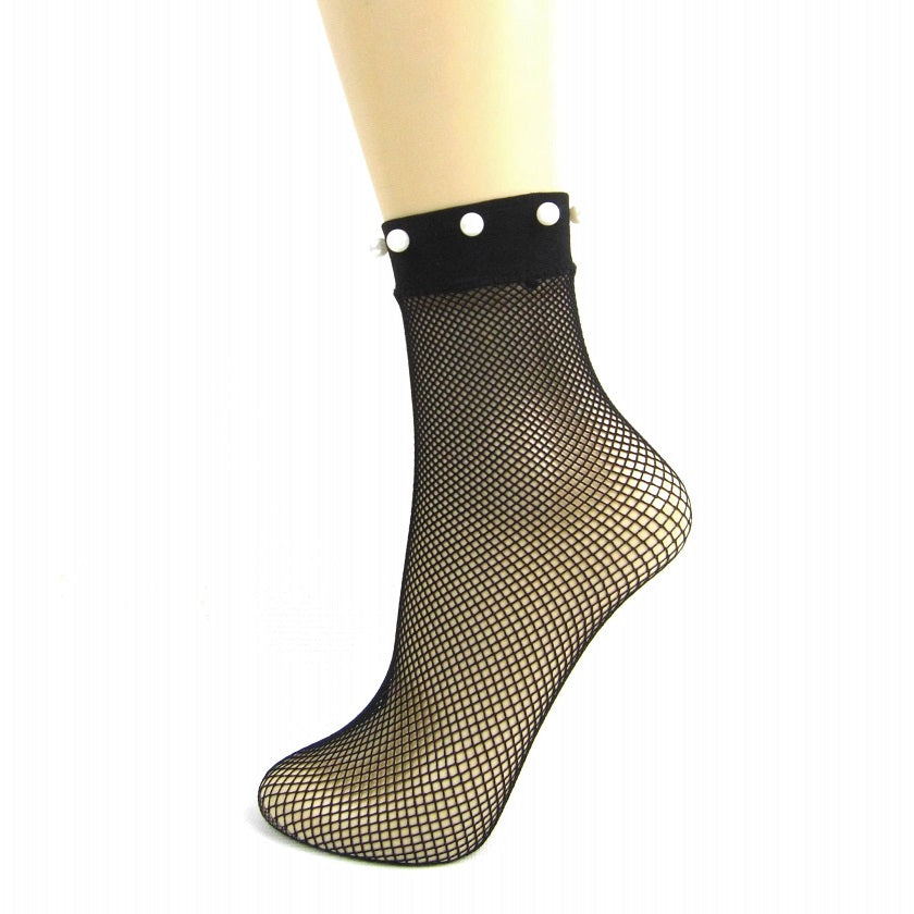 Silky Fishnet Ankle Socks With Pearl Embellished Trim - Leggsbeautiful
