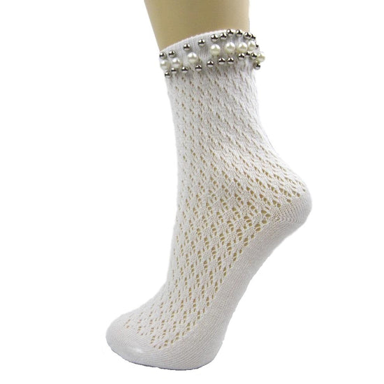 Acrylic Crochet Ankle Socks With Pearl Trim - Leggsbeautiful