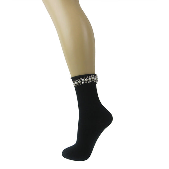 Load image into Gallery viewer, Smooth Knit Ankle Socks With Side Pearl Trim - Leggsbeautiful
