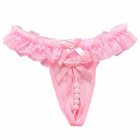 Stretch Lace Crotchless Thong With Pearl Beads