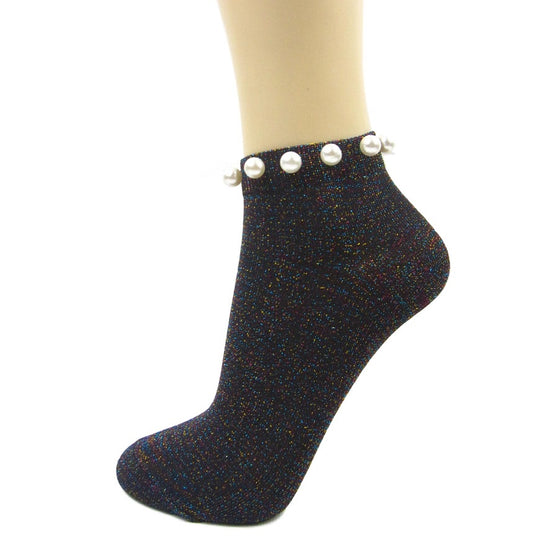 Glitter Ankle Socks With Pearl Cuff|Fashion Socks - Leggsbeautiful