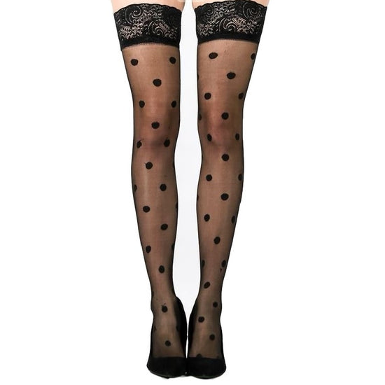 Load image into Gallery viewer, Flirt Sheer Spot Lace Top Thigh High Stockings - Leggsbeautiful
