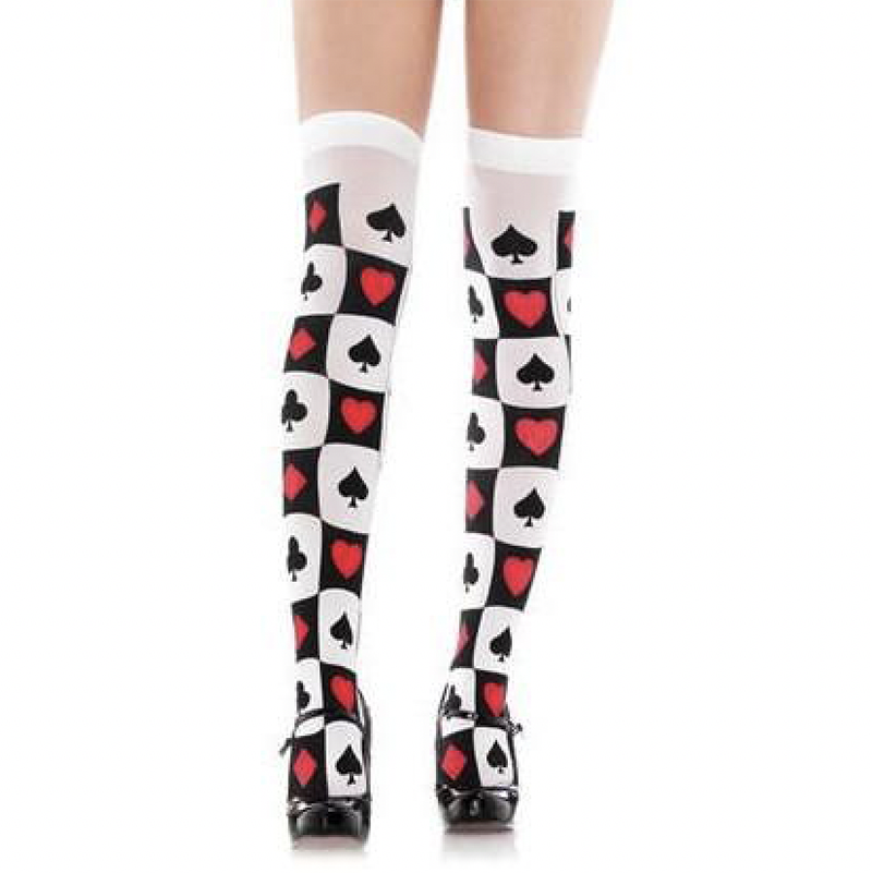 Load image into Gallery viewer, Nylon Playing Card Pattern Over The Knee Socks
