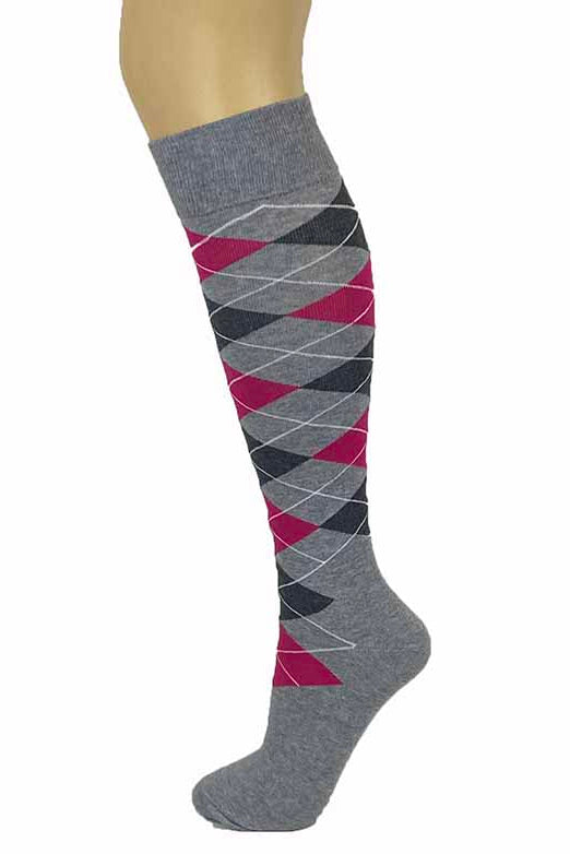 A pair of knee-high socks with an argyle pattern in beige, blue, and gray colors.