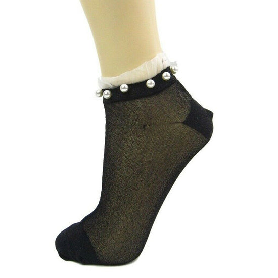 Glitter Ankle Socks With Pearl & Frill Cuff