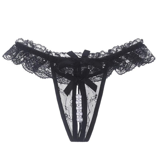 Black lace pearl thong