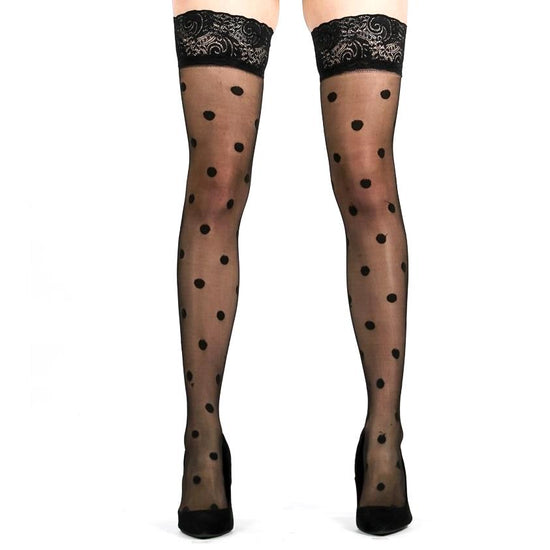 Load image into Gallery viewer, Flirt Sheer Spot Lace Top Thigh High Stockings - Leggsbeautiful
