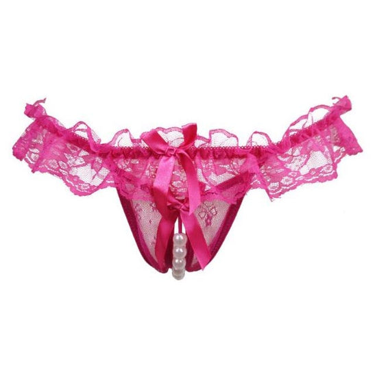 Stretch Lace Crotchless Thong With Pearl Beads