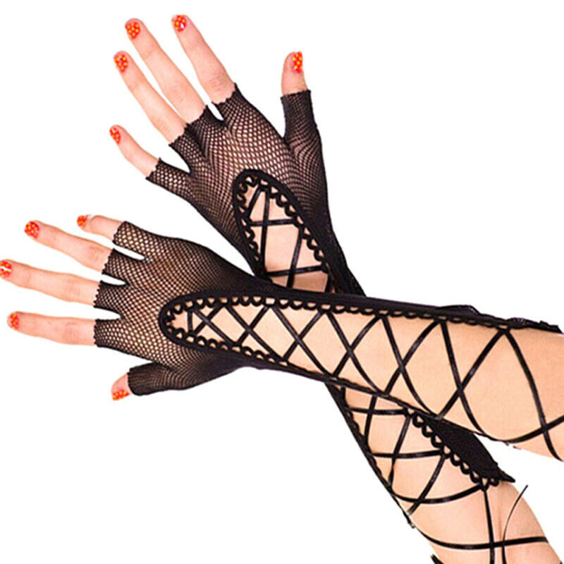 Classified Long Fingerless Net Gloves With Lace Up Detail