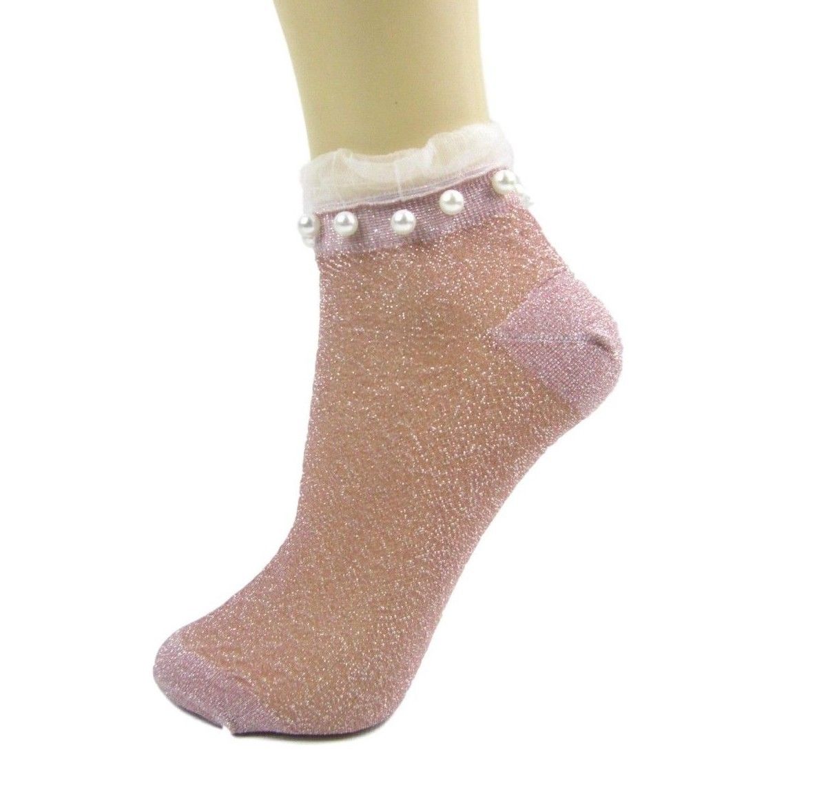 Glitter Ankle Socks With Pearl & Frill Cuff