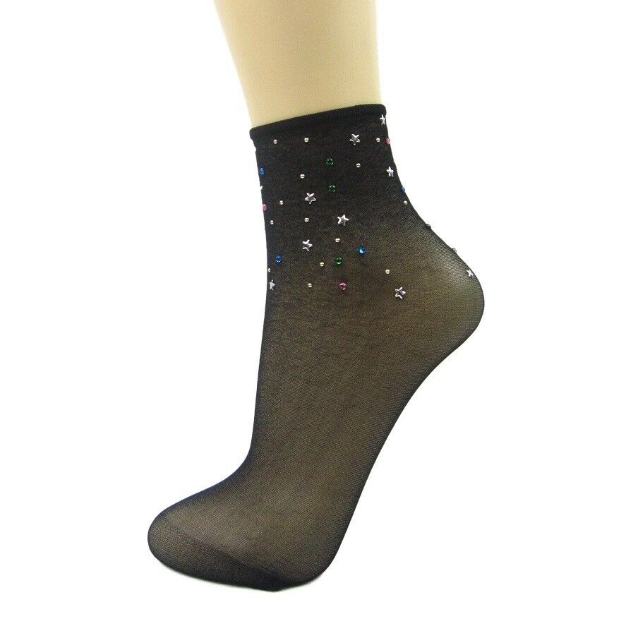 Nylon Star & Crystal Semi-Opaque Ankle Socks - Leggsbeautiful