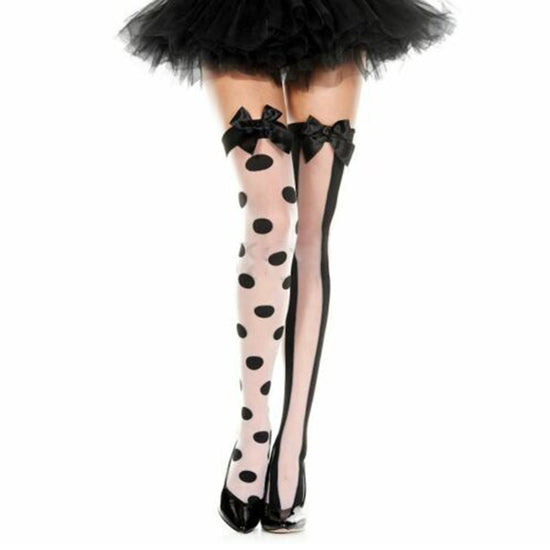 Load image into Gallery viewer, Music Legs Polka Dot &amp;amp; Stripe Mismatch Thigh High With Satin Bow - Leggsbeautiful
