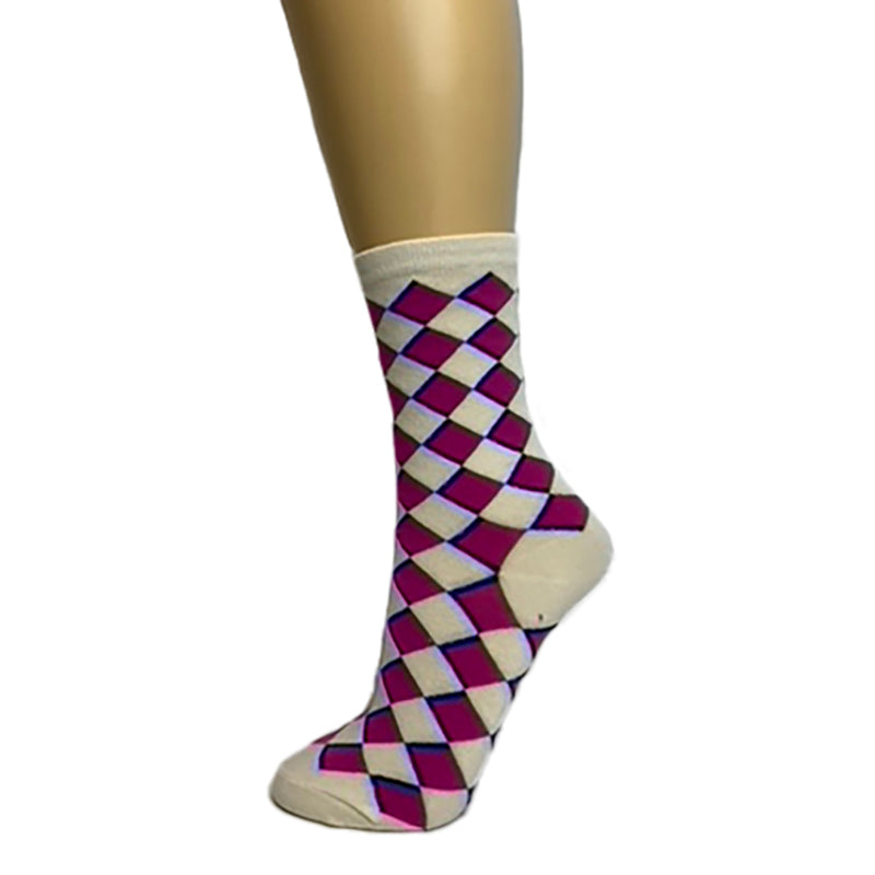Cotton Blend Pink Diamond Pattern Socks