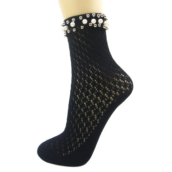 Acrylic Crochet Ankle Socks With Pearl Trim - Leggsbeautiful