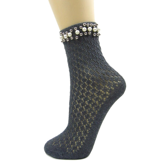 Acrylic Crochet Ankle Socks With Pearl Trim - Leggsbeautiful