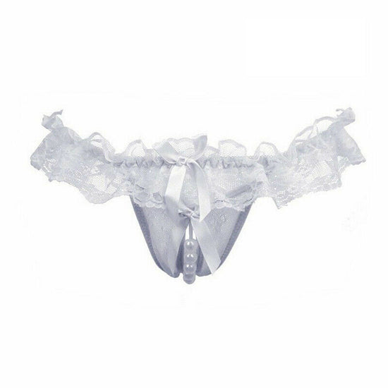 Stretch Lace Crotchless Thong With Pearl Beads