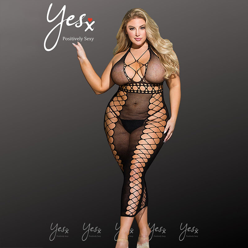 YesX Plus Size Fishnet Backless Halter Dress